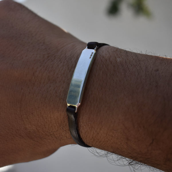 SILVER ID LEATHER STRAP BRACELET Silver ID Leather Strap Bracelet Hetariki Jewellery 
