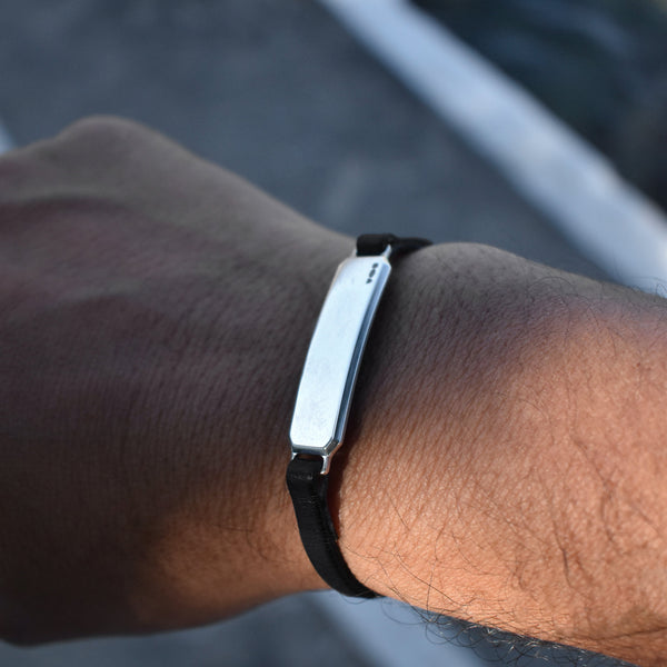 SILVER ID LEATHER STRAP BRACELET Silver ID Leather Strap Bracelet Hetariki Jewellery 